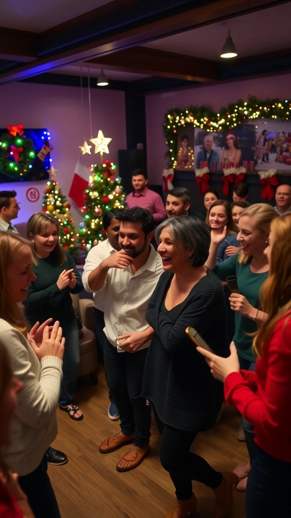 Guests enjoying active Christmas party games, including relay races and charades.